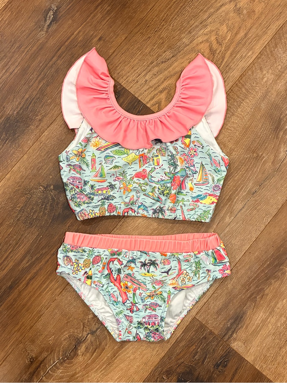 Southern Smocked Co Two Piece Tropical Swimsuit Ruffle Beach Vacation 5 Girl